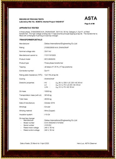 Transformer certificate